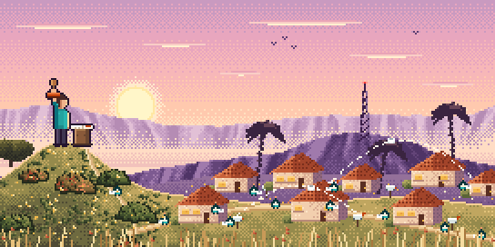 Pixel art of a hillside town at sunset below the purple Verdugo Hills, with a radio tower on the ridge and palm trees. Little teal agents carry letters along the lane between bungalows and mailboxes, and letters fly between rooftops. Up on a grassy knoll, a person at a lectern with an open ledger holds a red rubber stamp up against the setting sun.